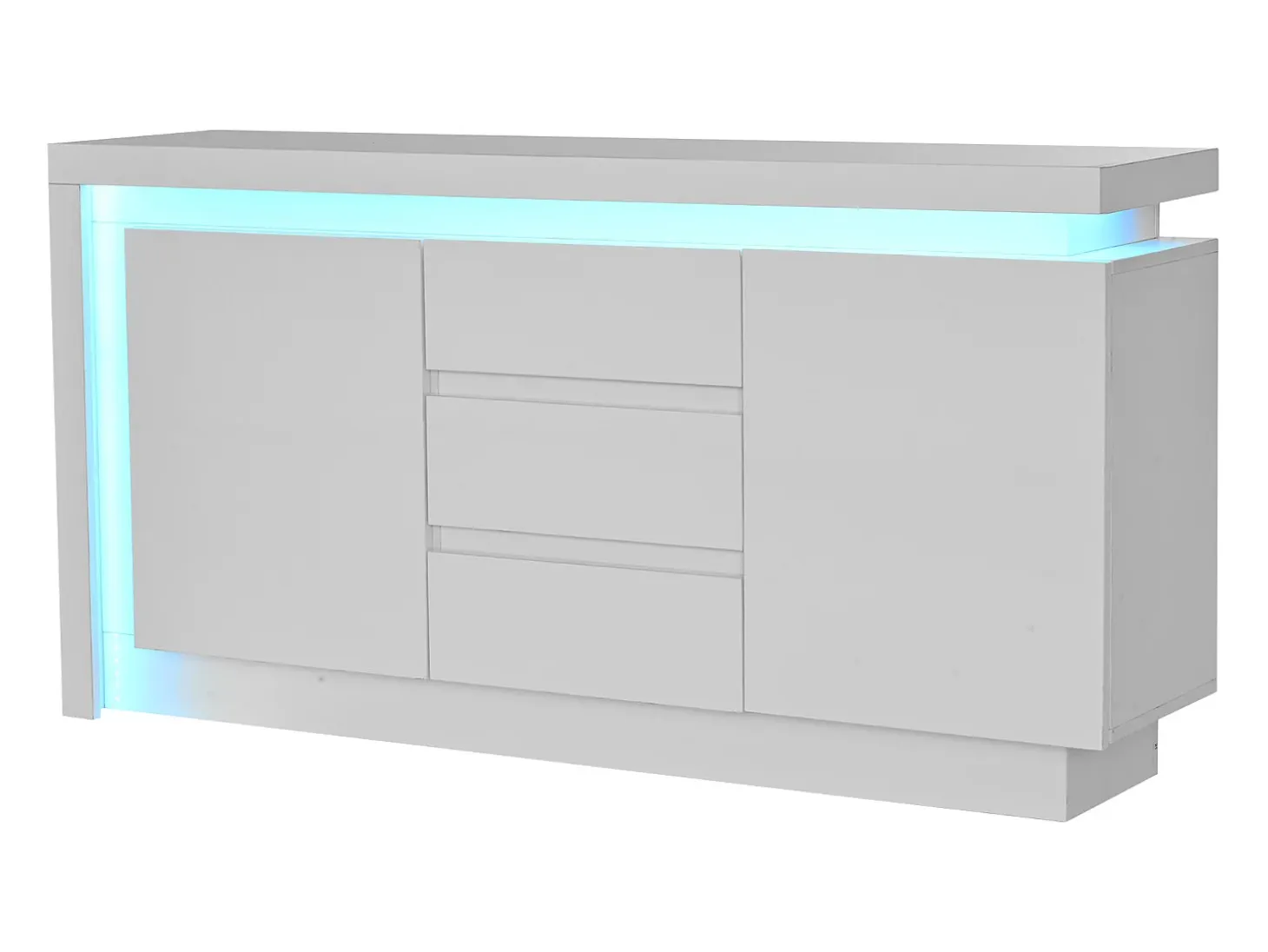 Buffet brillante 140×35×72 cm - 2 puertas y 3 cajones - con iluminación LED - con estantes regulables - blanco