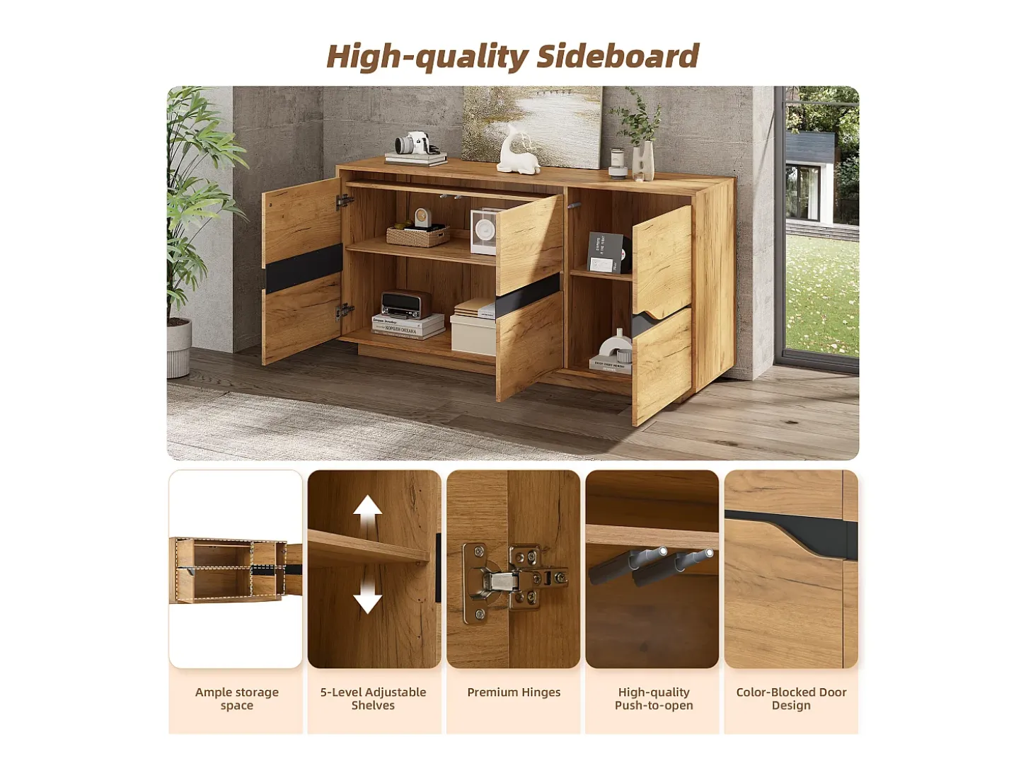 Buffet brillante 140×40×76 cm - 3 puertas - con estantes regulables - paneles de partículas - natural