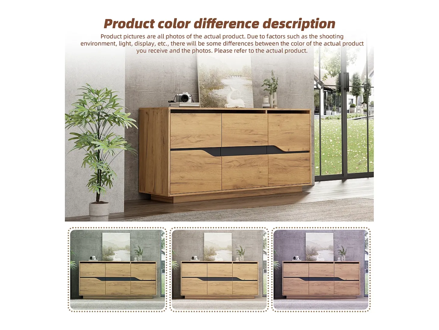 Buffet brillante 140×40×76 cm - 3 puertas - con estantes regulables - paneles de partículas - natural