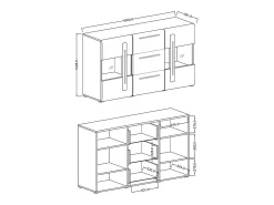 Buffet 180cm colección BREDA con dos puertas parcialmente acristaladas y tres cajones. Color Roble.
