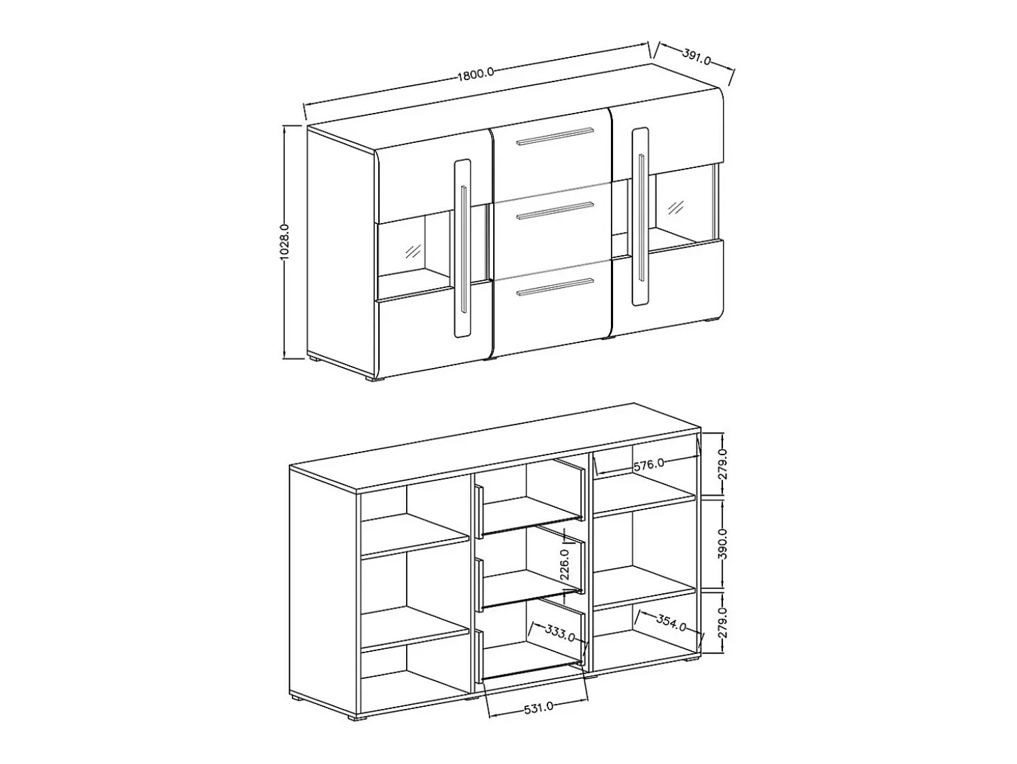 Buffet 180cm colección BREDA con dos puertas parcialmente acristaladas y tres cajones. Color Roble.