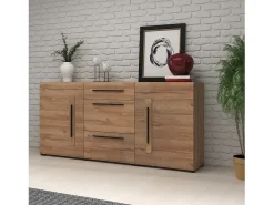 Buffet 180cm colección BREDA con dos puertas parcialmente acristaladas y tres cajones. Color Roble.