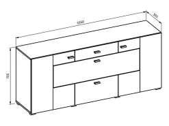 Buffet 165cm colección KOBEE de 3 puertas y 2 cajones. Color roble oscuro y negro.