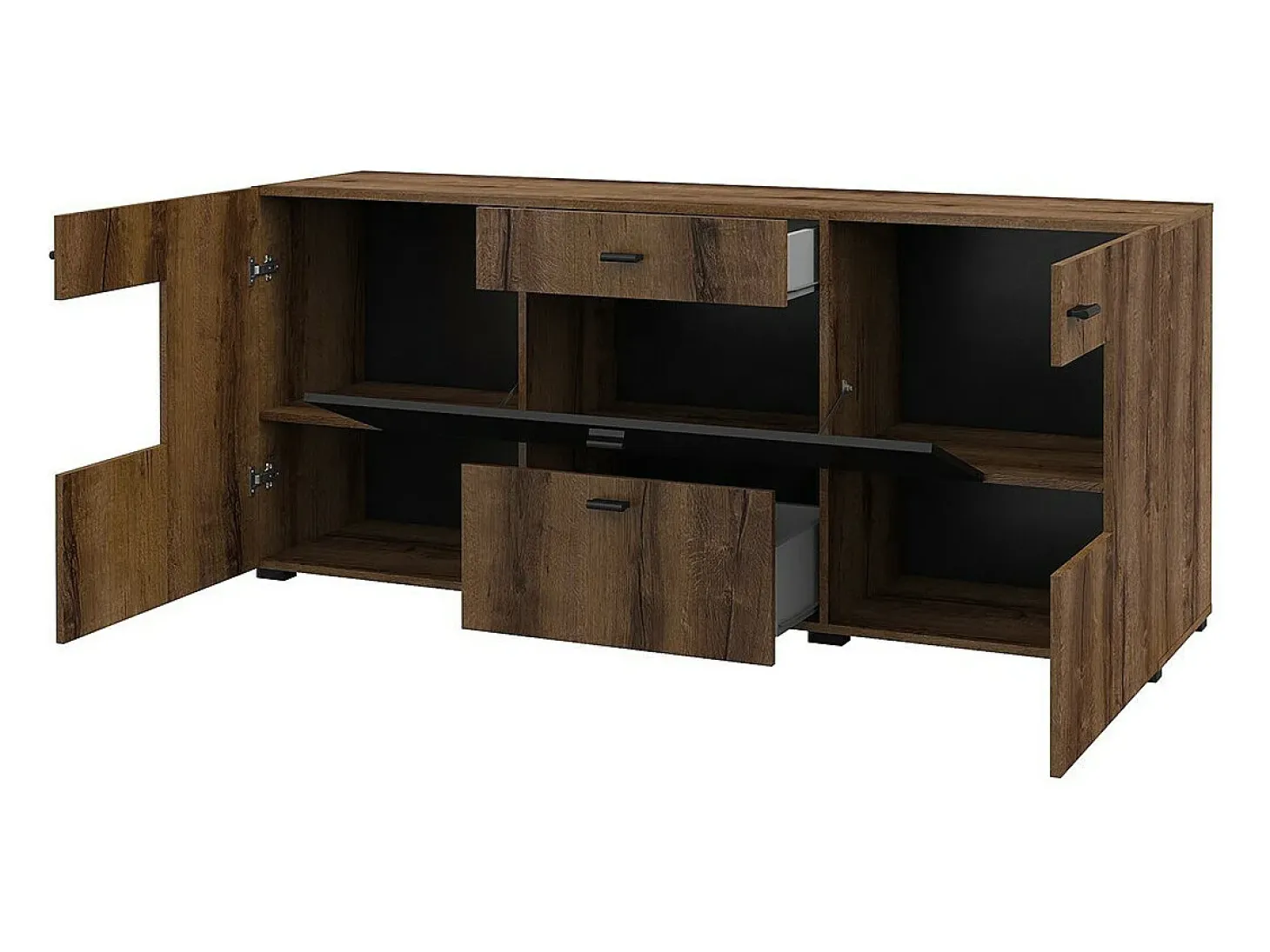 Buffet 165cm colección KOBEE de 3 puertas y 2 cajones. Color roble oscuro y negro.