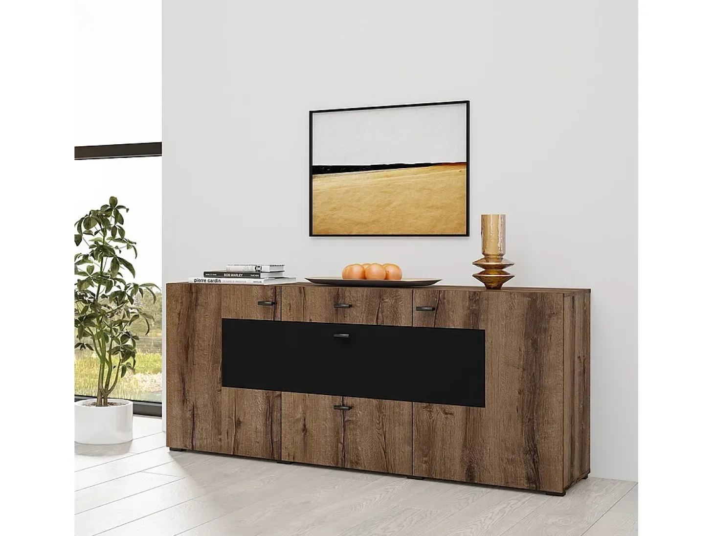 Buffet 165cm colección KOBEE de 3 puertas y 2 cajones. Color roble oscuro y negro.