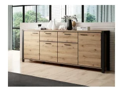 Buffet 210cm colección TIVORA 4 puertas, 2 cajones. Color roble y negro