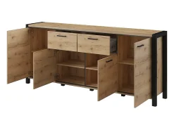 Buffet 210cm colección TIVORA 4 puertas, 2 cajones. Color roble y negro