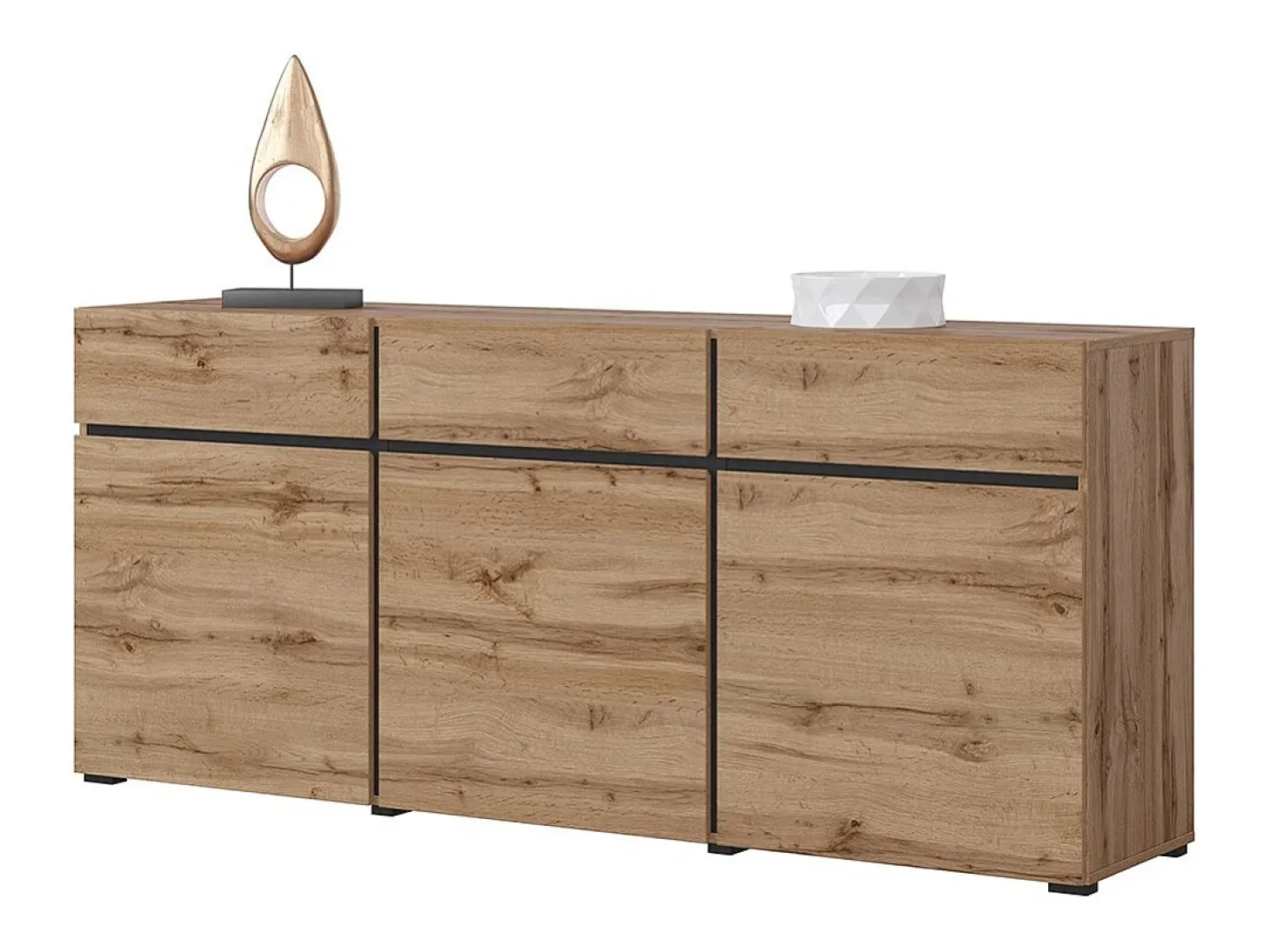 Buffet color roble y negro 180cm colección HAVANA. Aparador de diseño con 3 puertas y 3 cajones.