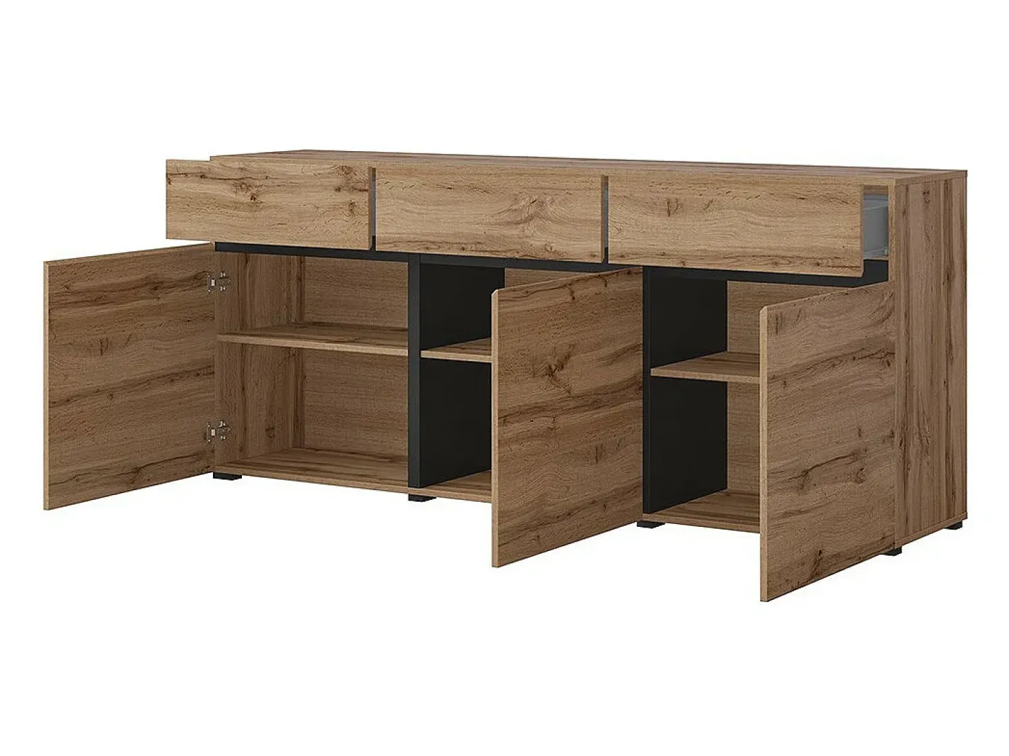 Buffet color roble y negro 180cm colección HAVANA. Aparador de diseño con 3 puertas y 3 cajones.