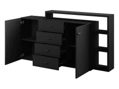 Buffet con estantería integrada colección BERGAME 180cm. Color negro super mate.