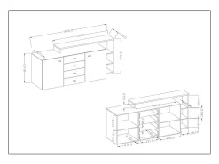 Buffet con estantería integrada colección BERGAME 180cm. Colores Gris y blanco. Estilo de diseño.
