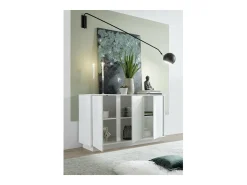 Buffet de 3 puertas, colección CREAM, color blanco lacado brillante, ideal para un salón o comedor de diseño.