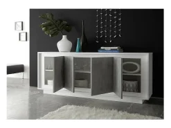 Buffet de 4 puertas en madera, colección FALL, en color blanco brillante lacado y gris efecto concreto.
