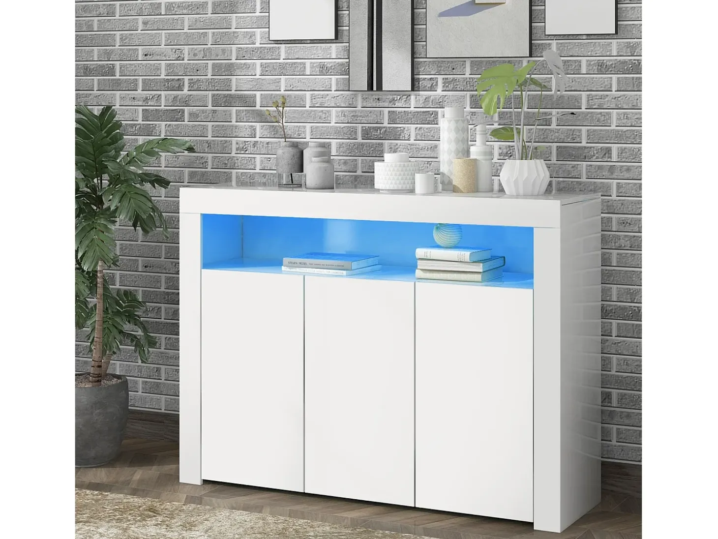 Buffet de 3 puertas y 1 nicho - panel de partículas - con 16 colores LED y control remoto - blanco