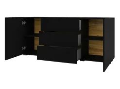 Buffet de 140cm colección EVA con 2 puertas y 3 cajones. Color negro y roble.