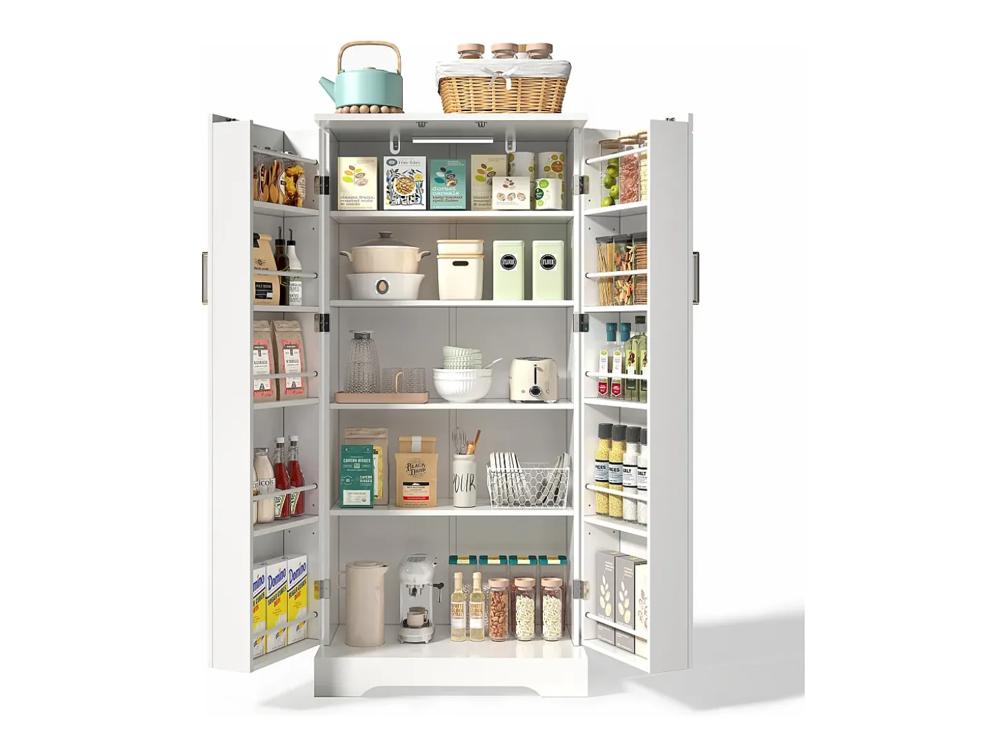 Buffet de cocina 60×35×128 cm - con sensor de luz LED - con 2 puertas - con estantes - con decoración de rayas verticales - Blanco
