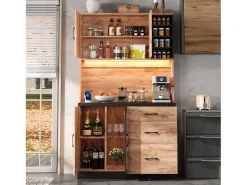 Buffet de cocina moderno 105x40x180cm - con toma de corriente y LED - con 3 cajones y 3 puertas - aspecto veta de madera - Natural + Negro