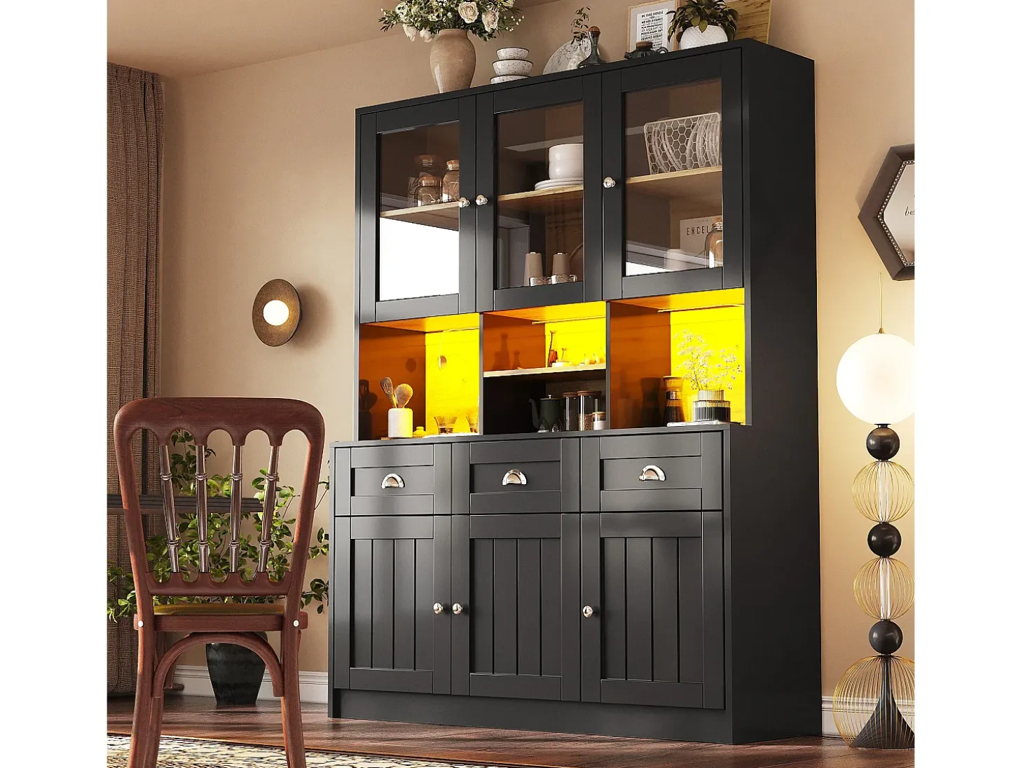 Buffet de cocina moderno 140x40x175cm - 6 puertas + 3 cajones + 9 estantes - mueble alto - con iluminación LED - Negro