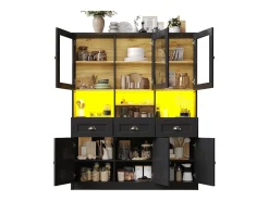 Buffet de cocina moderno 140x40x175cm - 6 puertas + 3 cajones + 9 estantes - mueble alto - con iluminación LED - Negro