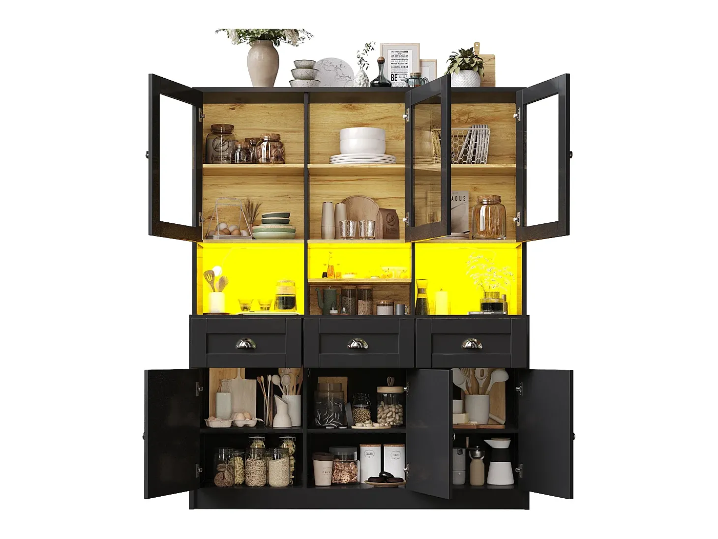 Buffet de cocina moderno 140x40x175cm - 6 puertas + 3 cajones + 9 estantes - mueble alto - con iluminación LED - Negro