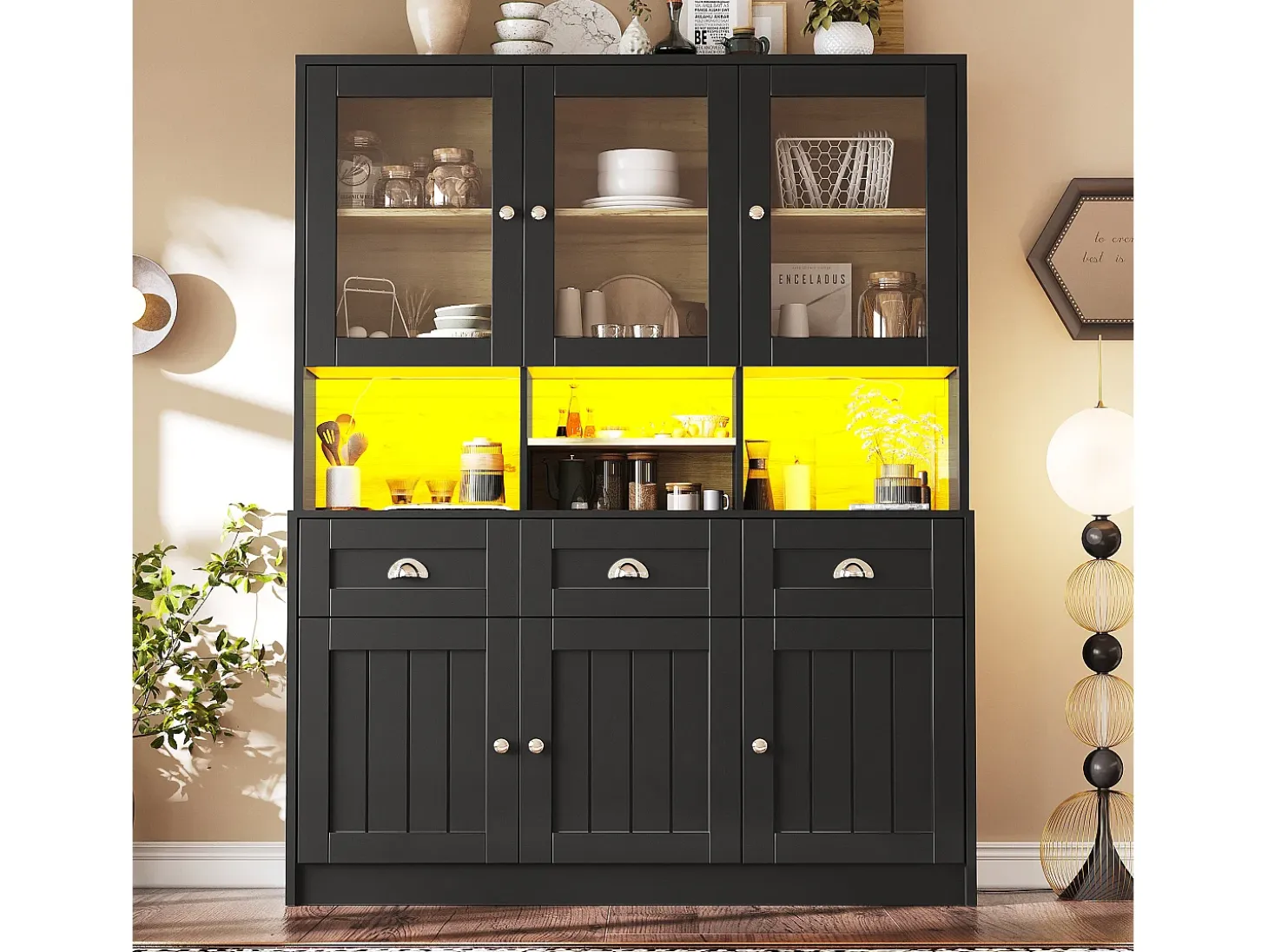 Buffet de cocina moderno 140x40x175cm - 6 puertas + 3 cajones + 9 estantes - mueble alto - con iluminación LED - Negro