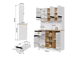Buffet de cocina moderno 105×45×185 cm - 5 puertas - estantes ajustables - almacenamiento abierto - blanco y natural