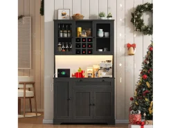 Buffet de cocina moderno 100x40x180cm - con toma de corriente y LED - con 1 cajón y 5 puertas - con estante para especias - Negro
