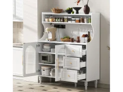 Buffet de cocina moderno 120x40x138.5cm - con toma de corriente y portacopas de vino - con 3 cajones y 2 puertas - Blanco