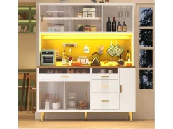 Buffet de cocina 145x39x171 cm - 4 puertas de vidrio - 4 cajones - casillero para vino - con iluminación LED - blanc