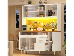 Buffet de cocina 145x39x171 cm - 4 puertas de vidrio - 4 cajones - casillero para vino - con iluminación LED - blanc