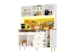 Buffet de cocina 145x39x171 cm - 4 puertas de vidrio - 4 cajones - casillero para vino - con iluminación LED - blanc