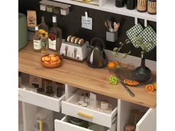 Buffet de cocina 145x39x171 cm - 4 puertas de vidrio - 4 cajones - casillero para vino - con iluminación LED - blanc