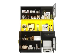 Buffet de cocina 130x45x180cm - 4 puertas + 1 cajón + 5 estantes - mueble alto - con iluminación LED - Estilo retro - Negro