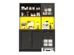 Buffet de cocina 130x45x180cm - 4 puertas + 1 cajón + 5 estantes - mueble alto - con iluminación LED - Estilo retro - Negro
