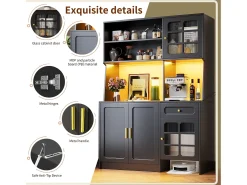 Buffet de cocina 130x45x180cm - 4 puertas + 1 cajón + 5 estantes - mueble alto - con iluminación LED - Estilo retro - Negro