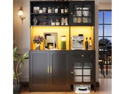 Buffet de cocina 130x45x180cm - 4 puertas + 1 cajón + 5 estantes - mueble alto - con iluminación LED - Estilo retro - Negro