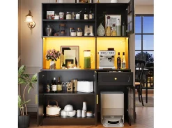 Buffet de cocina 130x45x180cm - 4 puertas + 1 cajón + 5 estantes - mueble alto - con iluminación LED - Estilo retro - Negro