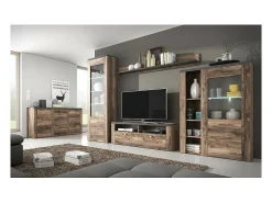 Buffet de diseño de 175cm para sala de estar, color nogal y negro efecto madera, colección SANTIAGO.