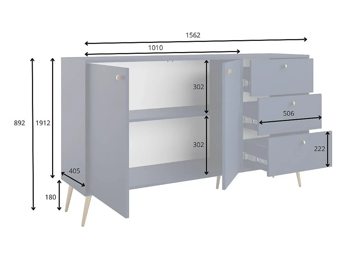 Buffet diseño AZURÉA – 2 puertas & 3 cajones – Azul profundo – 156x89x41 cm
