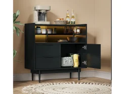 Buffet en MDF con LED - 1 puerta, 2 cajones y 2 compartimentos abiertos - Negro