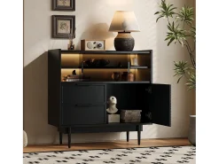 Buffet en MDF con LED - 1 puerta, 2 cajones y 2 compartimentos abiertos - Negro