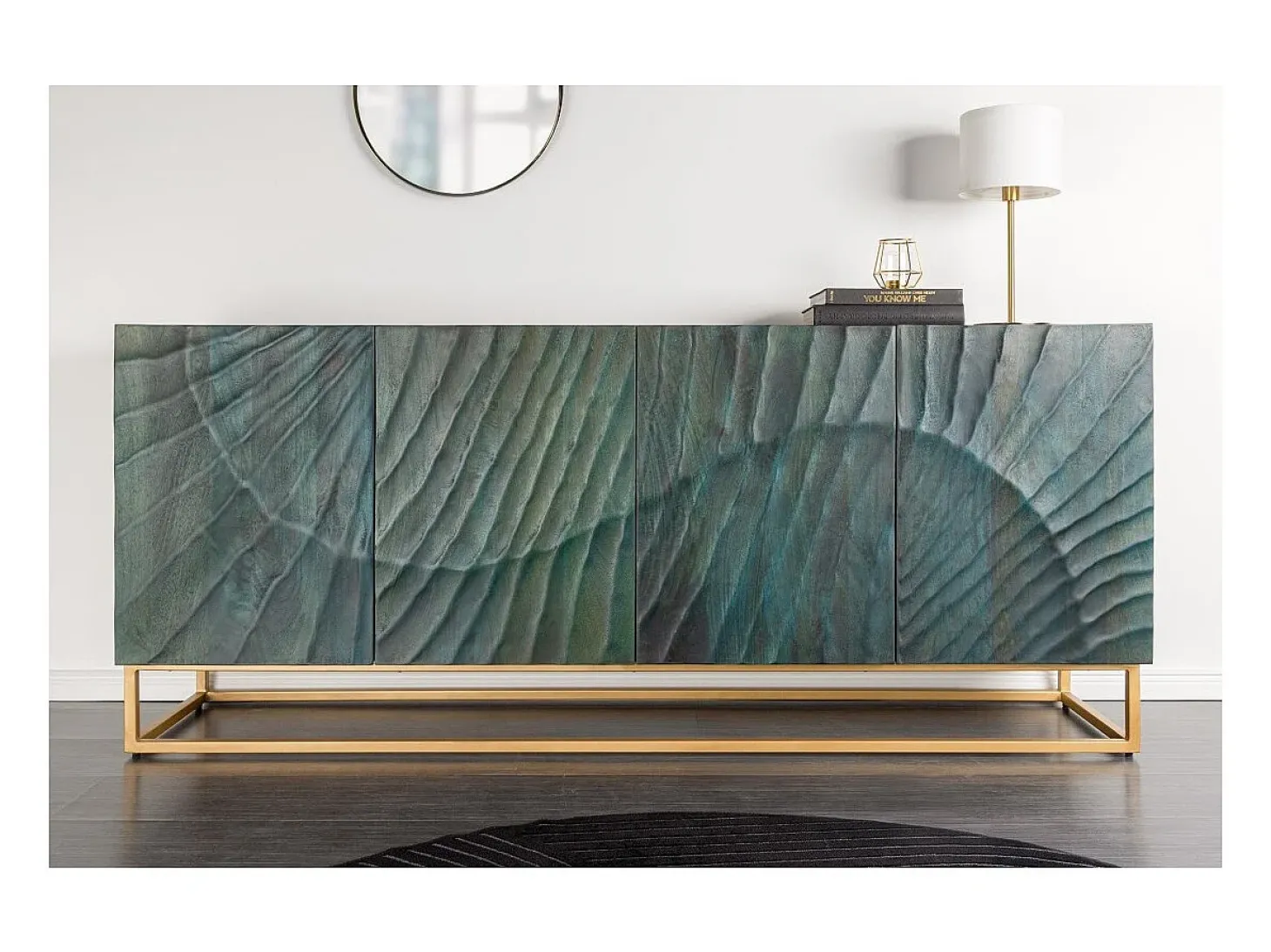 Buffet LUMBER 180 cm – Madera tallada turquesa y dorada, estilo diseño contemporáneo