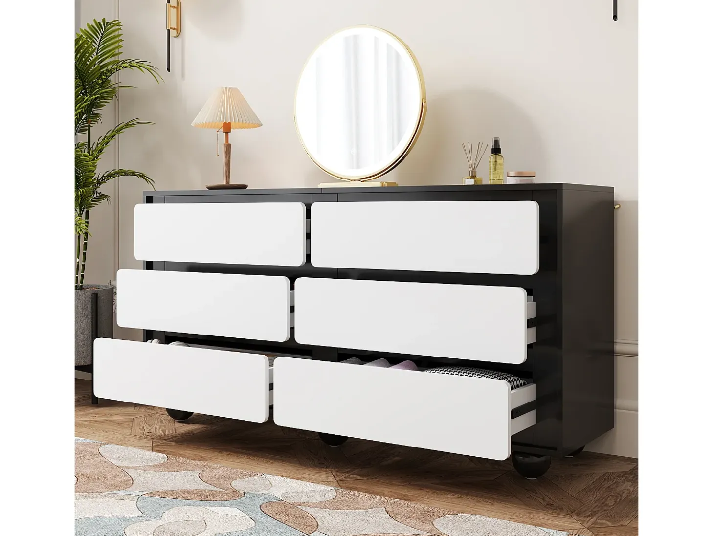 Buffet moderno 140×38×74,5 cm - 6 cajones - Patas redondas de metal - Paneles de partículas - Negro y blanco