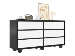 Buffet moderno 140×38×74,5 cm - 6 cajones - Patas redondas de metal - Paneles de partículas - Negro y blanco