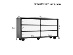 Buffet moderno 140×38×74,5 cm - 6 cajones - Patas redondas de metal - Paneles de partículas - Negro y blanco