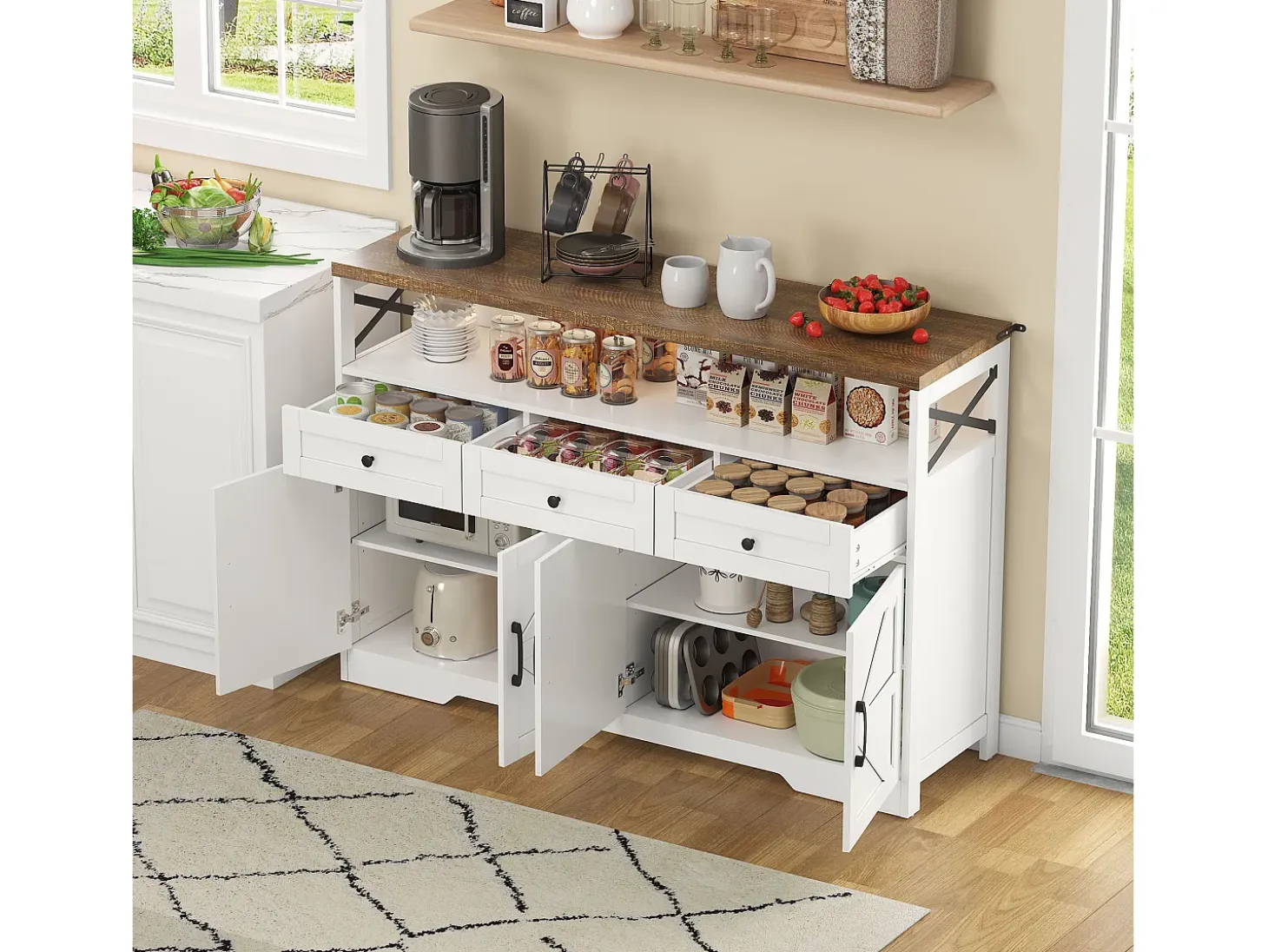 Buffet moderno 140×35×95 cm - con 4 puertas y 3 cajones - blanco+natural