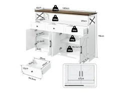 Buffet moderno 140×35×95 cm - con 4 puertas y 3 cajones - blanco+natural