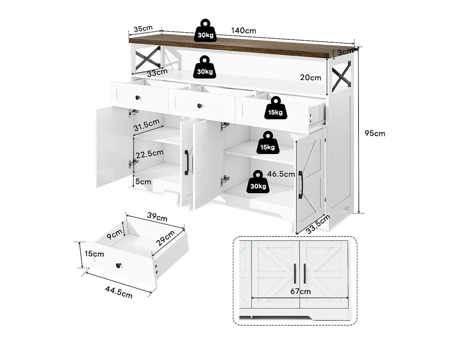 Buffet moderno 140×35×95 cm - con 4 puertas y 3 cajones - blanco+natural