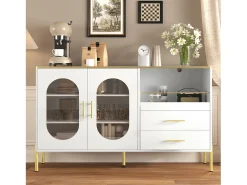Buffet moderno 140×38×90 cm - con 2 cajones - con 2 puertas de vidrio - blanco