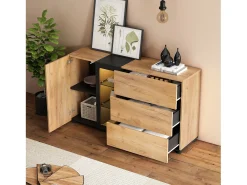 Buffet moderno - con 3 cajones - con LED - Natural + Negro